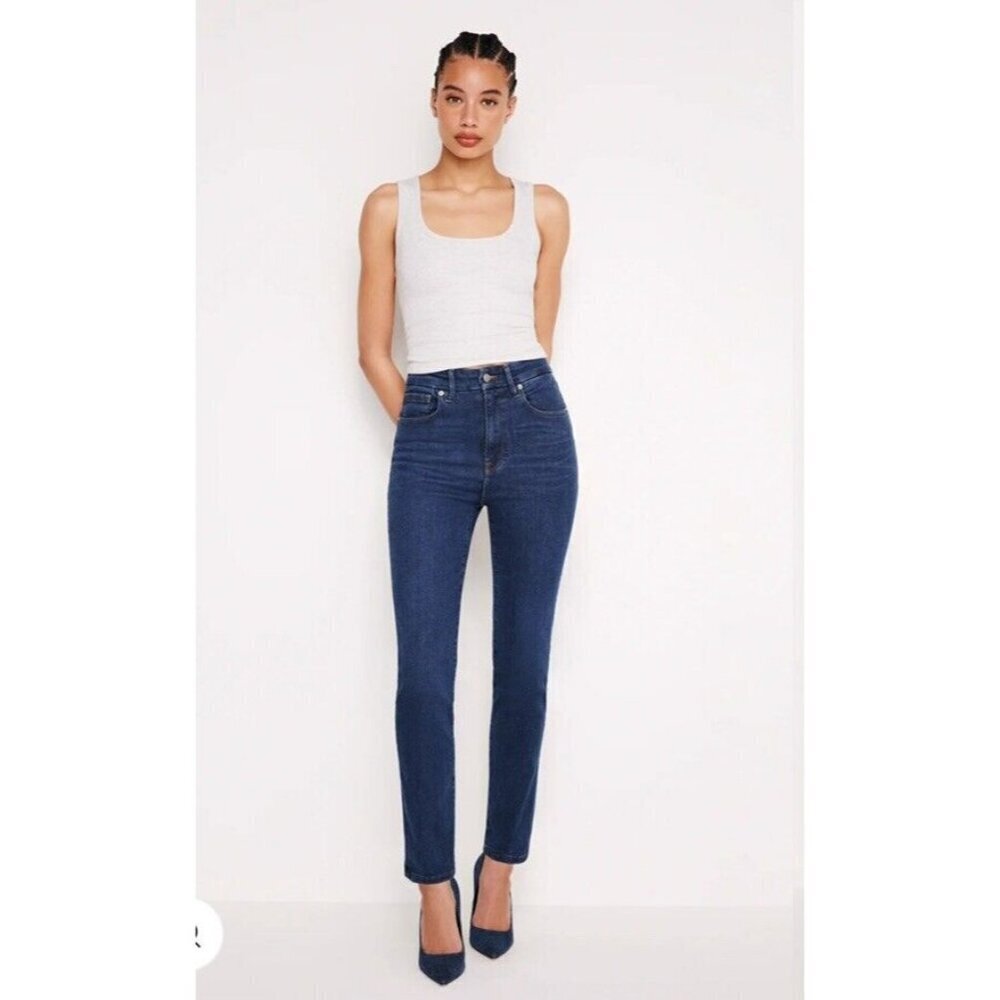 Good American Good Classic Skinnyish Fit Raw Hem Blue Hi-Rise Jeans Sz 6/28